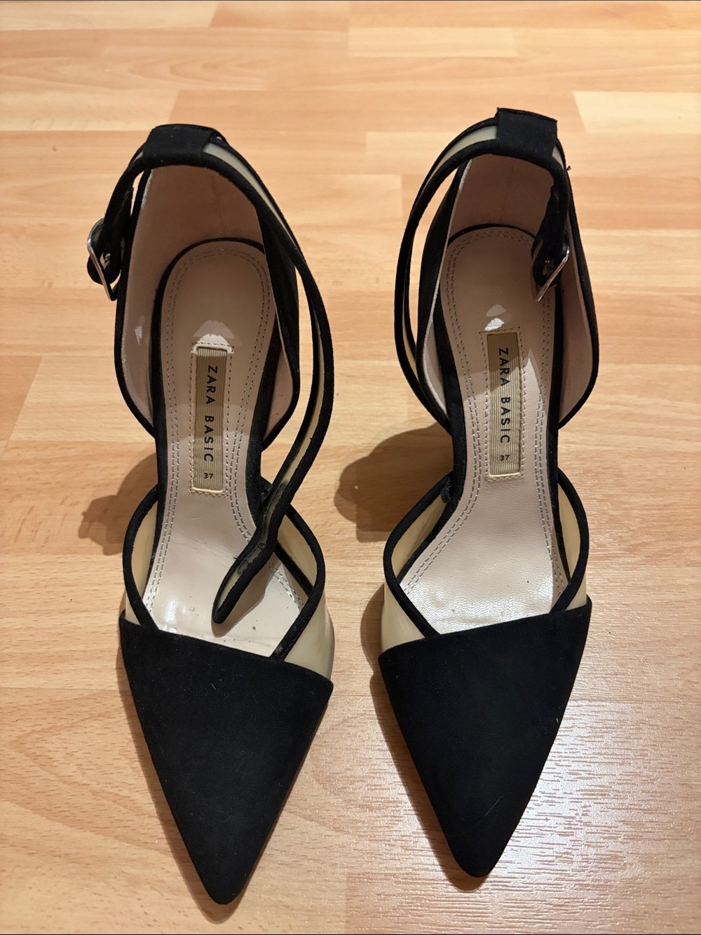 Zara Black Pointed Toe Ankle Strap Heels with Neutral Insole